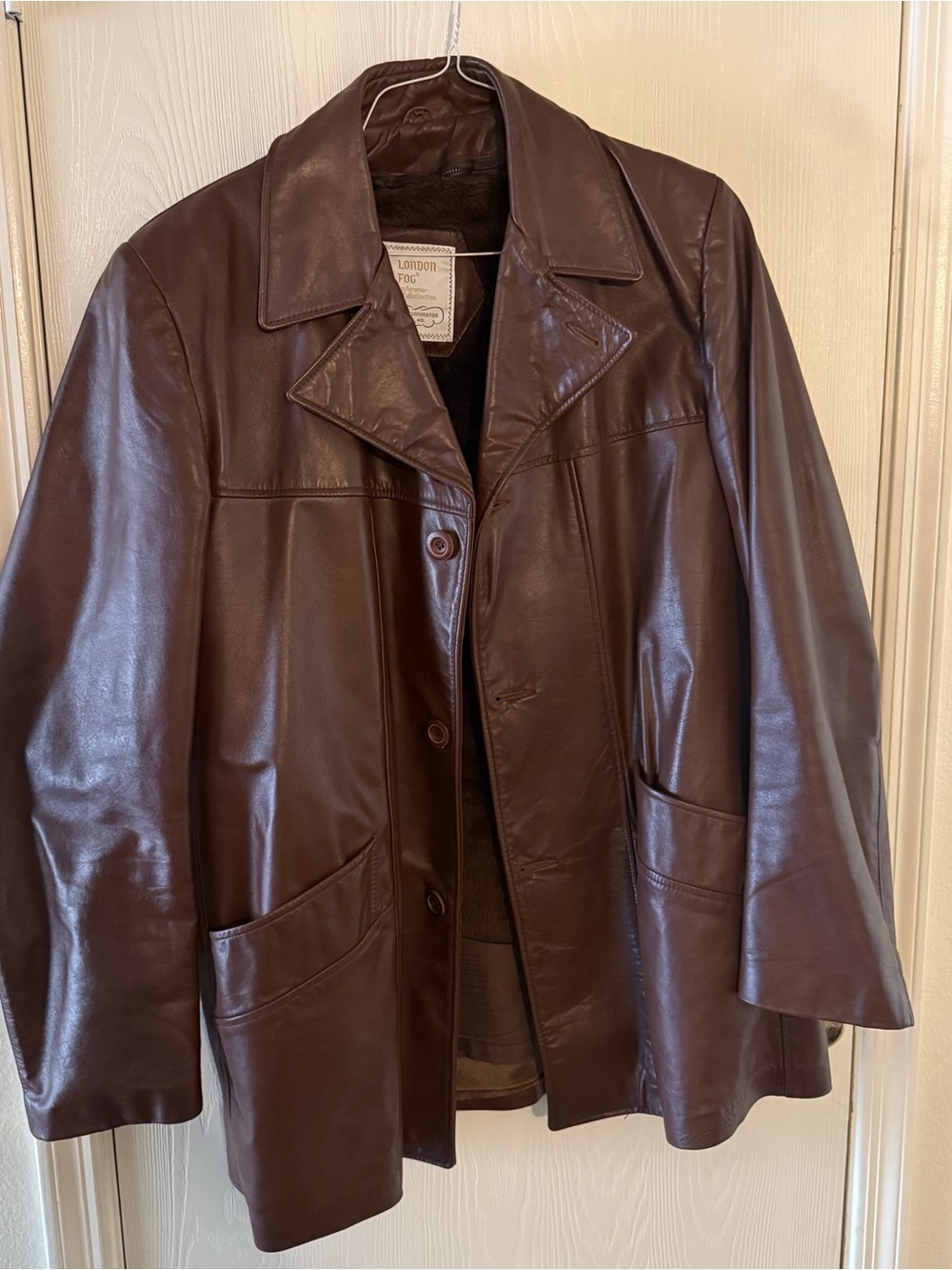 London Fog Men’s Brown Leather 44L Button-Front Coat Removable Fleece Liner